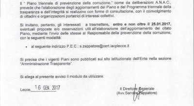 AWISO AGGIORNAMENTO PIANO ANTICORRUZIONE 2017